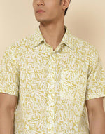 Beige Cotton Hand Block Printed Bush Shirt
