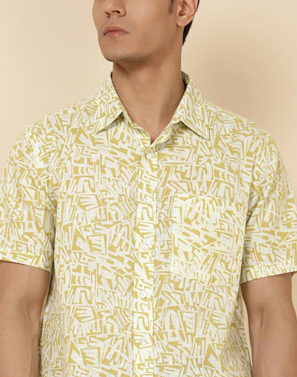 Beige Cotton Hand Block Printed Bush Shirt