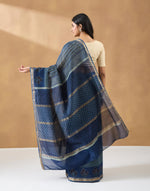 Indigo Cotton Silk Blend Hand Block Print Sari