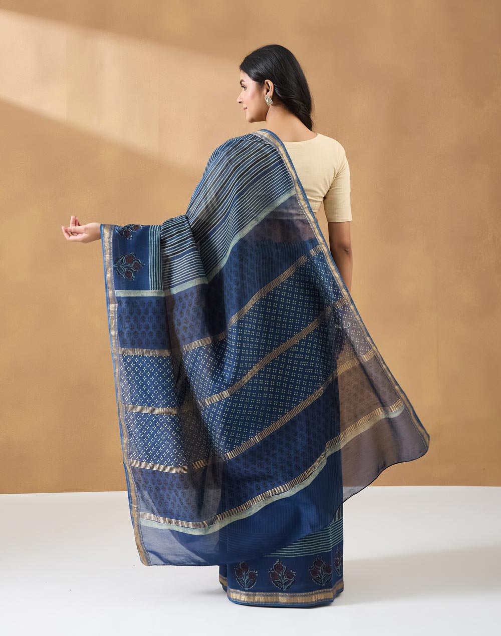 Indigo Cotton Silk Blend Hand Block Print Sari