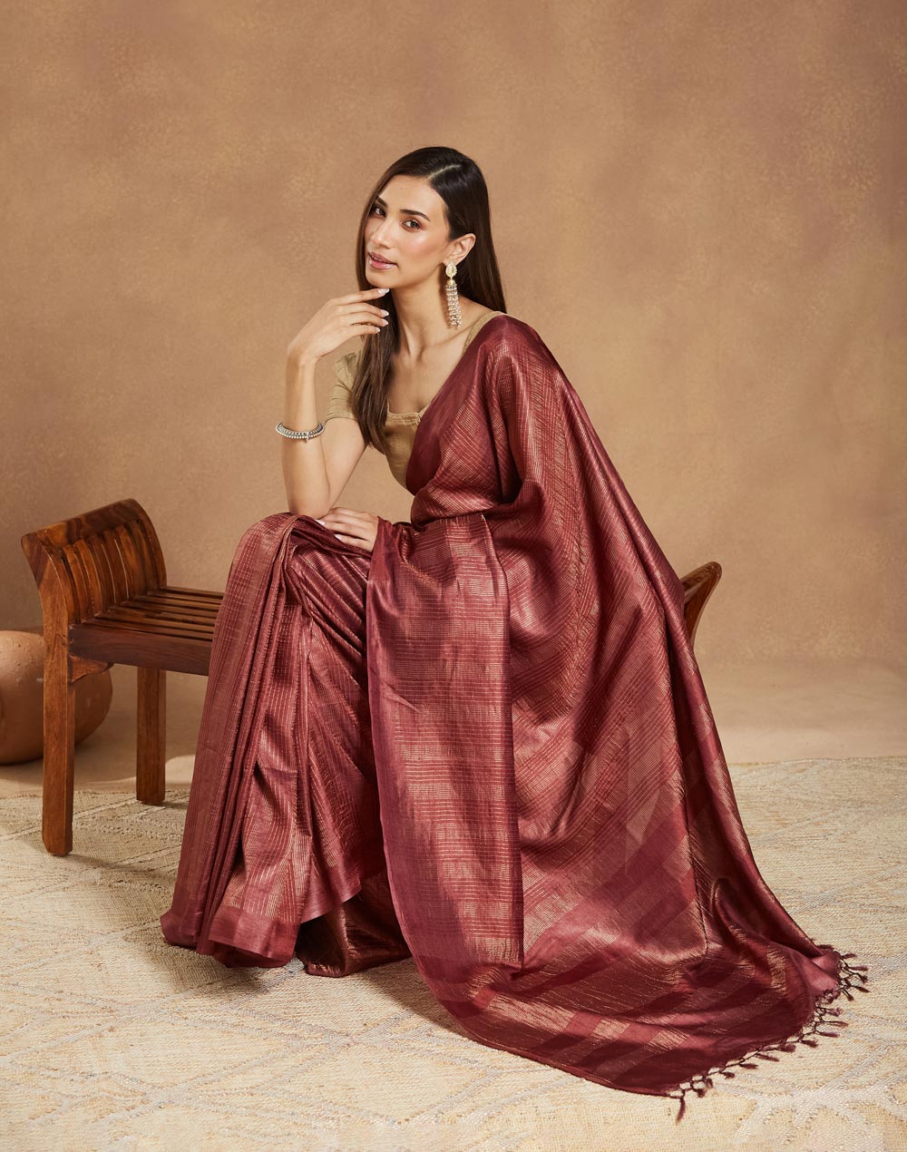 Wine Viscose Silk Blend Sari