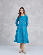 Teal Cotton Silk Hand Block Print Slim Fit Long Kurta