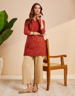 Maroon Cotton Bagru Slim Fit Short Kurta