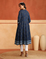 Indigo Cotton Slim Fit Printed Floral Long Kurta