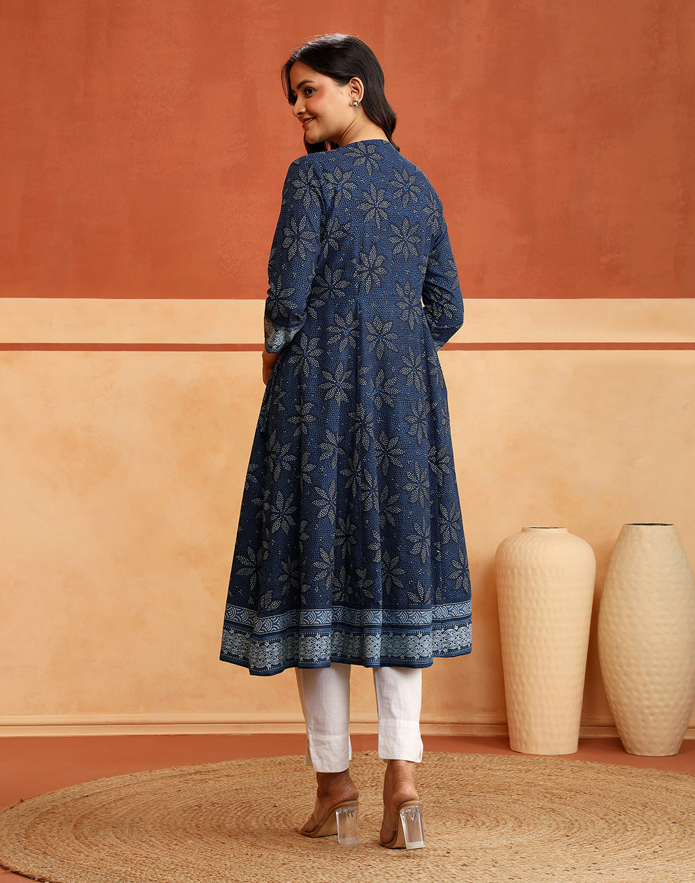 Indigo Cotton Slim Fit Printed Floral Long Kurta