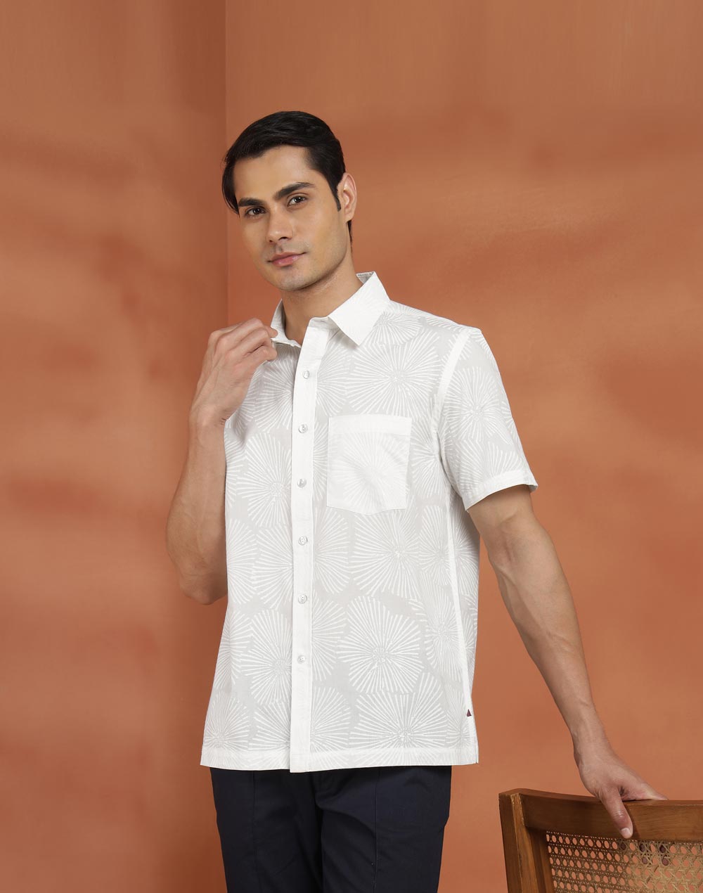 White Cotton Hand Block Printed Bush Shirt