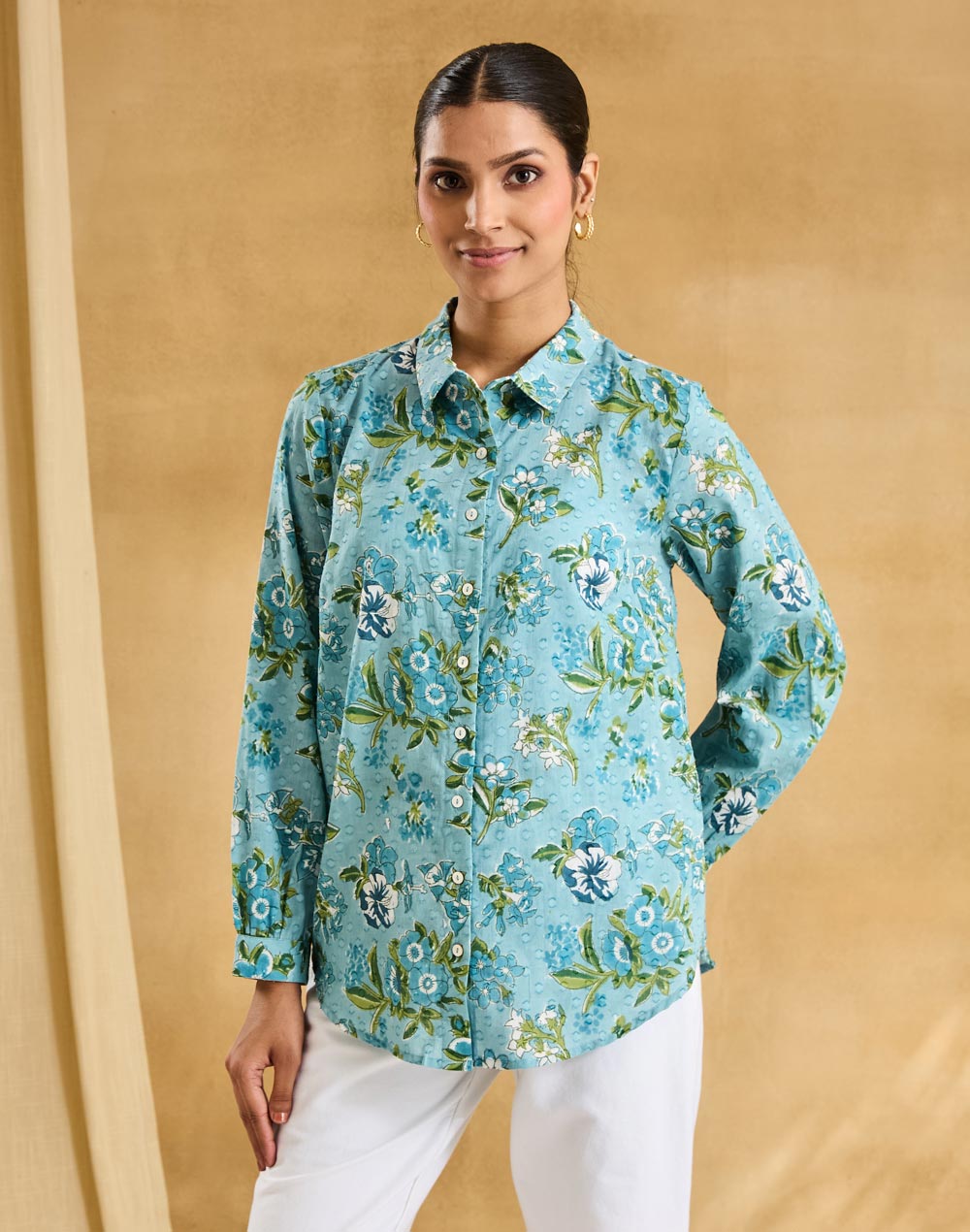 Blue Cotton Hand Block Printed Alma Shirt