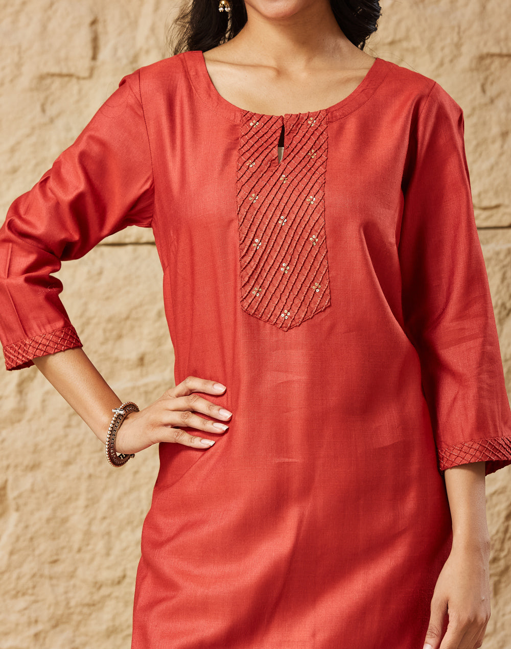 Rust Viscose Silk Pintuck Knee Length Kurta