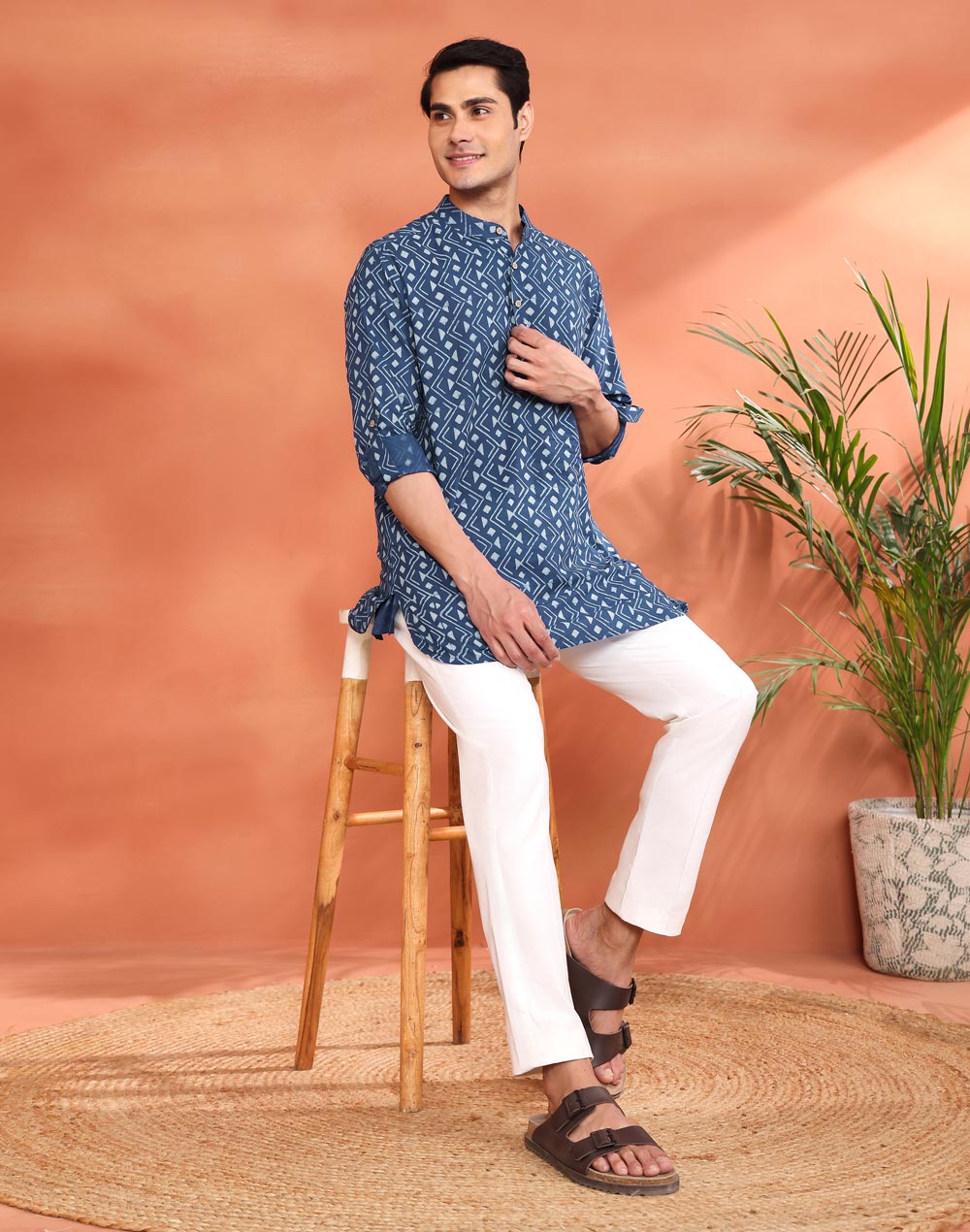 Indigo Cotton Dabu Printed Slim Fit Short Kurta