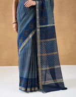 Indigo Cotton Silk Blend Hand Block Print Sari