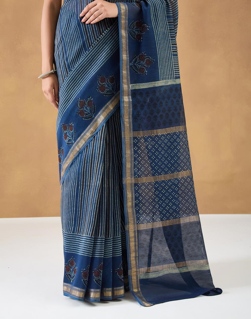 Indigo Cotton Silk Blend Hand Block Print Sari