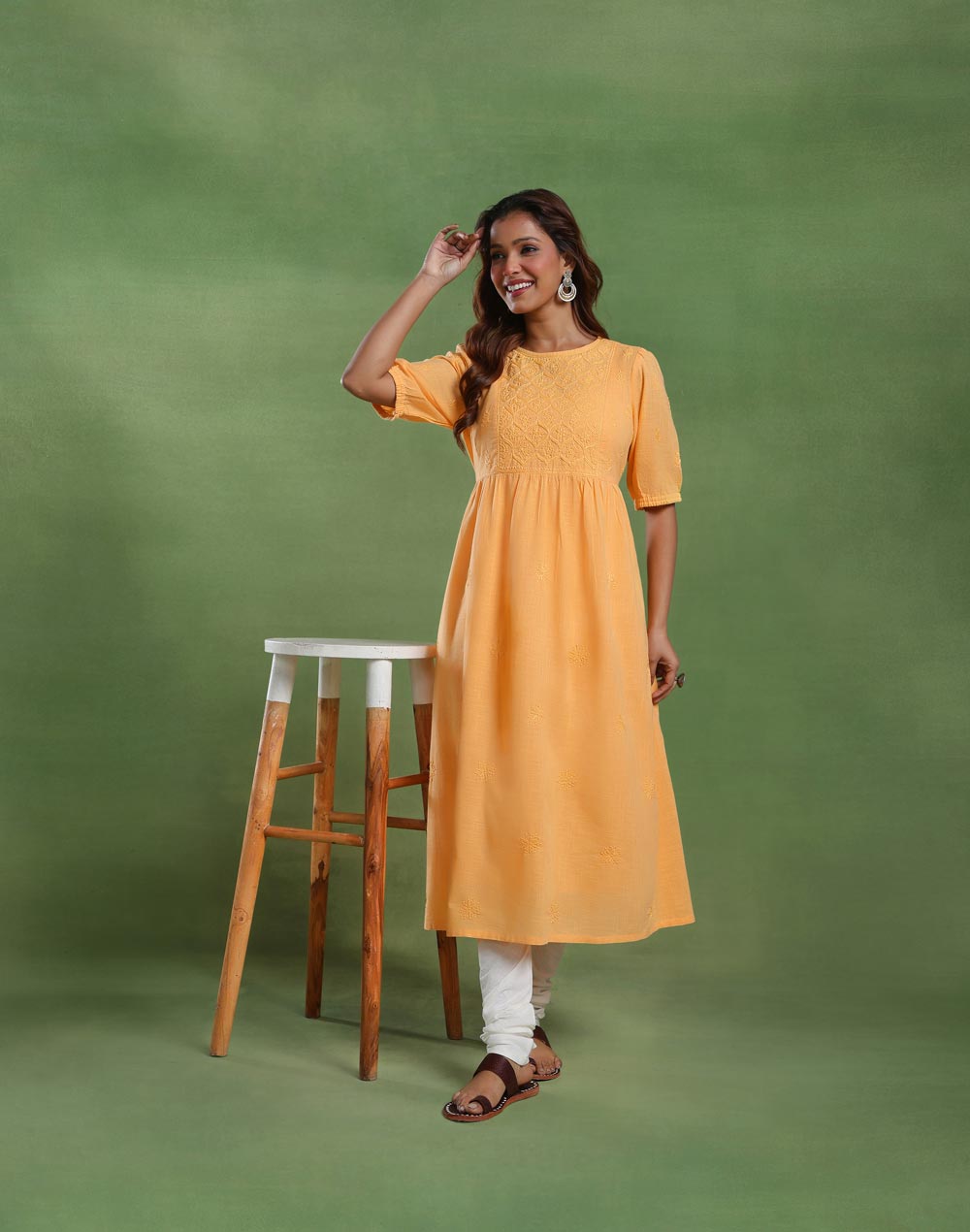 Yellow Cotton Chikankari Lining & Midi Dress