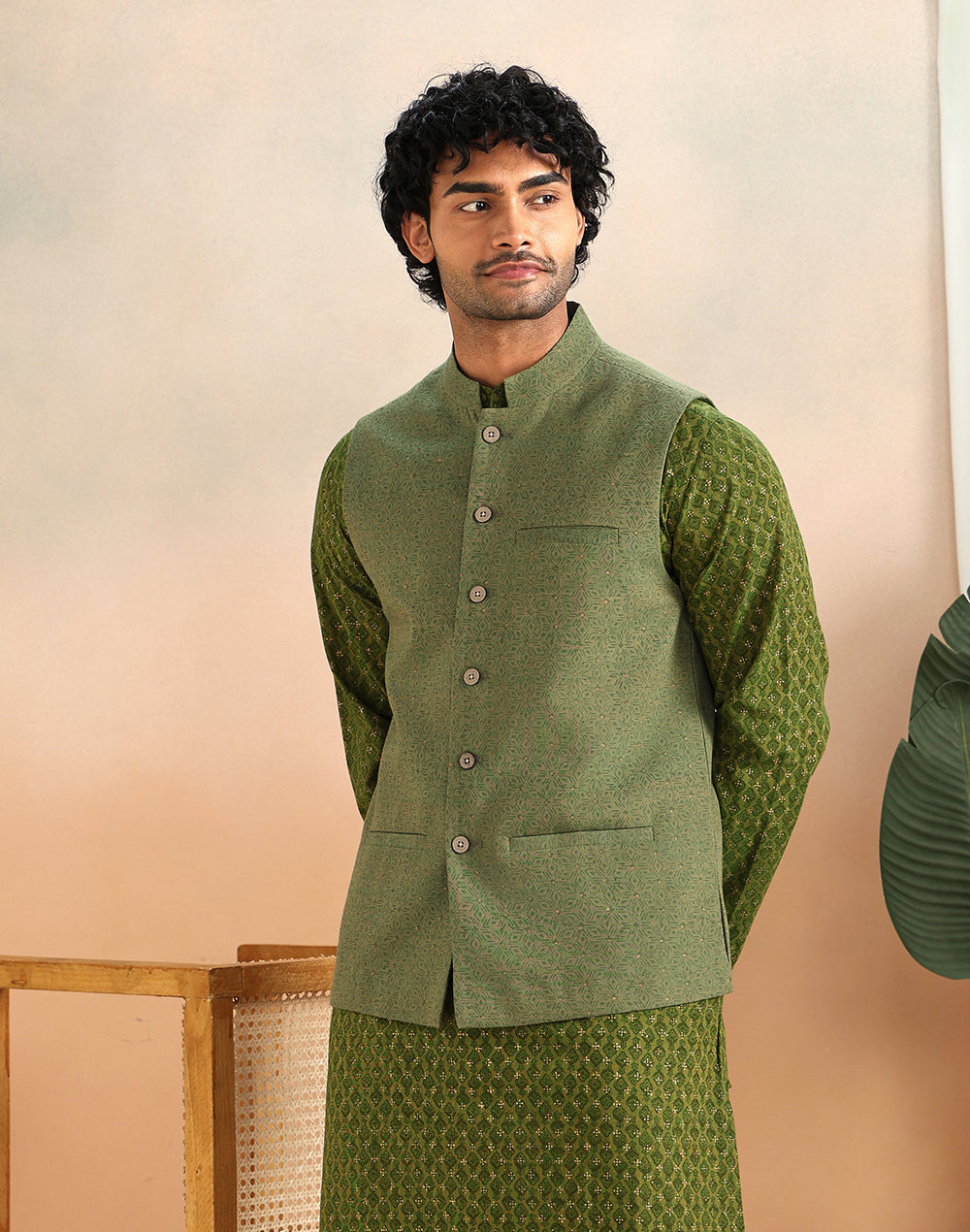 Green Cotton Nehru Jacket