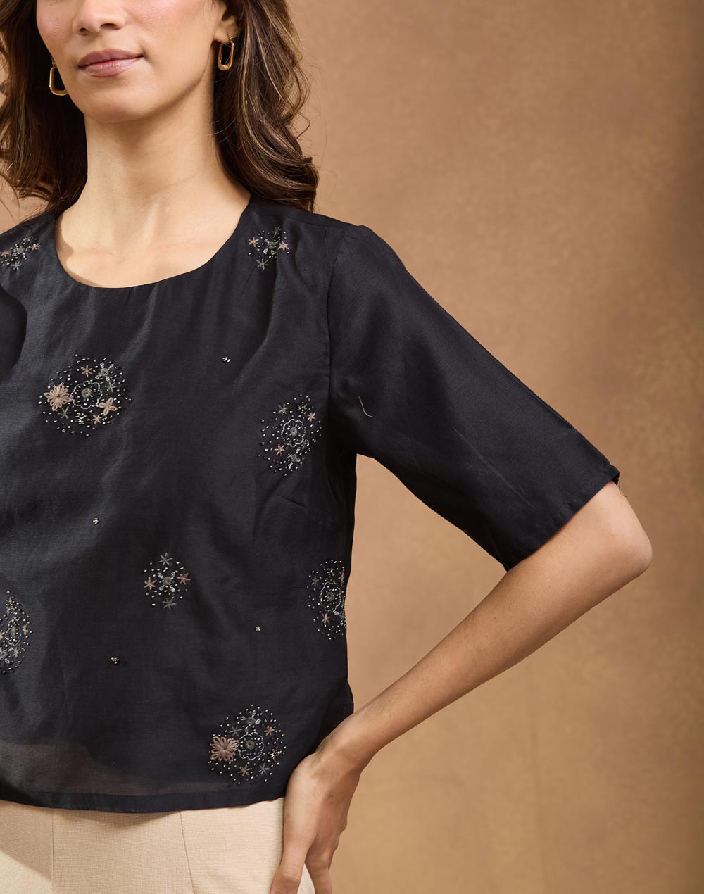 Black Cotton Silk Embroidered Short Top