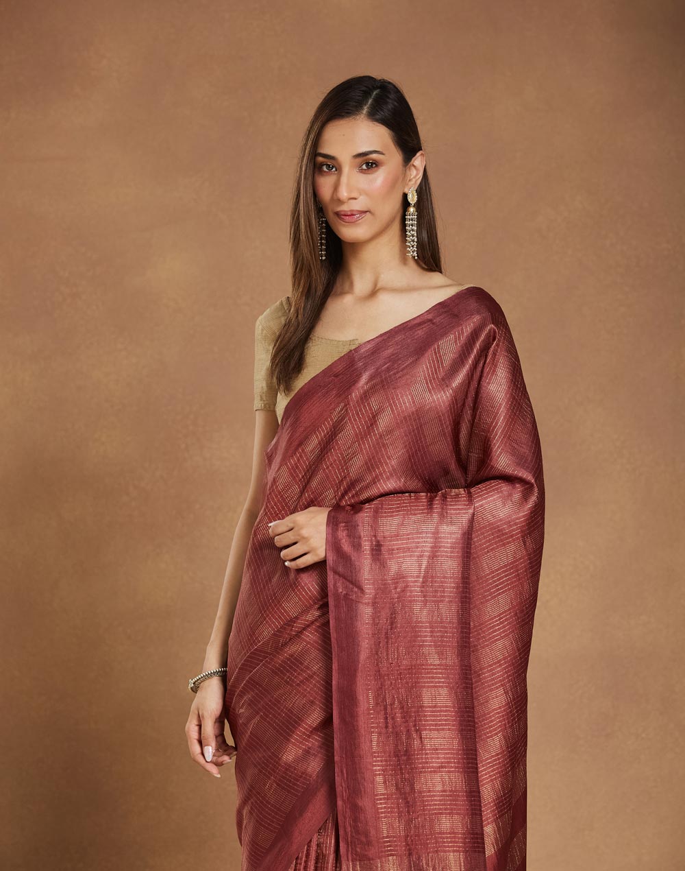 Wine Viscose Silk Blend Sari