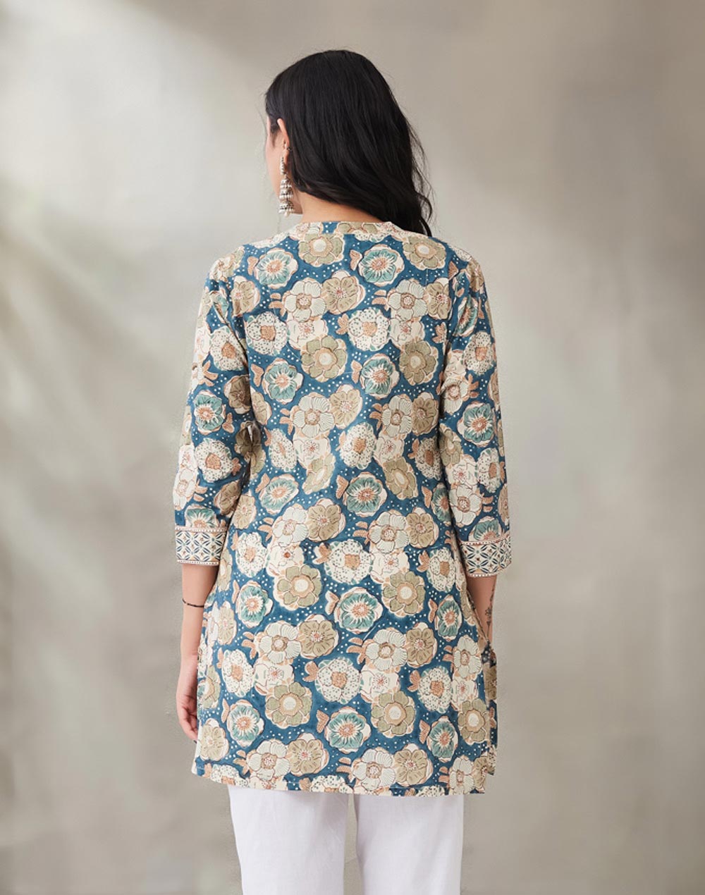Teal Cotton Hand Block Printed Slim Fit Short Kurta