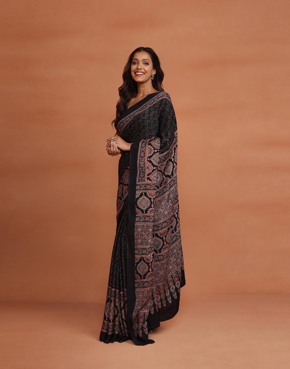 Black Viscose Blend Ajrakh Printed Sari