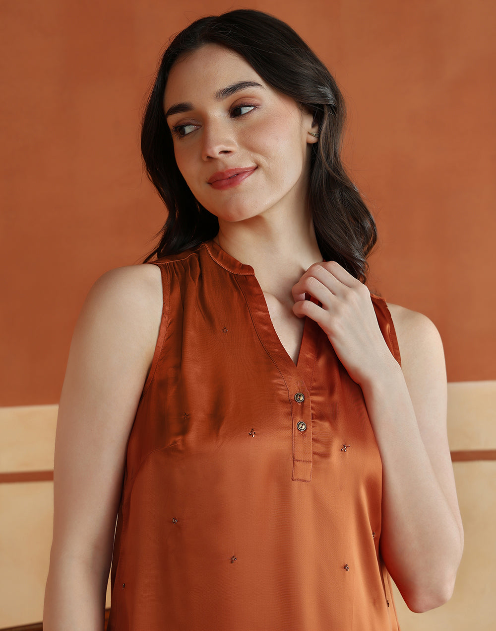Orange Rayon Blend Hand Embroidered Top