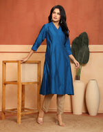 Royal Blue Cotton Silk Embroidered Long Kurta for Women from Fabindia UK