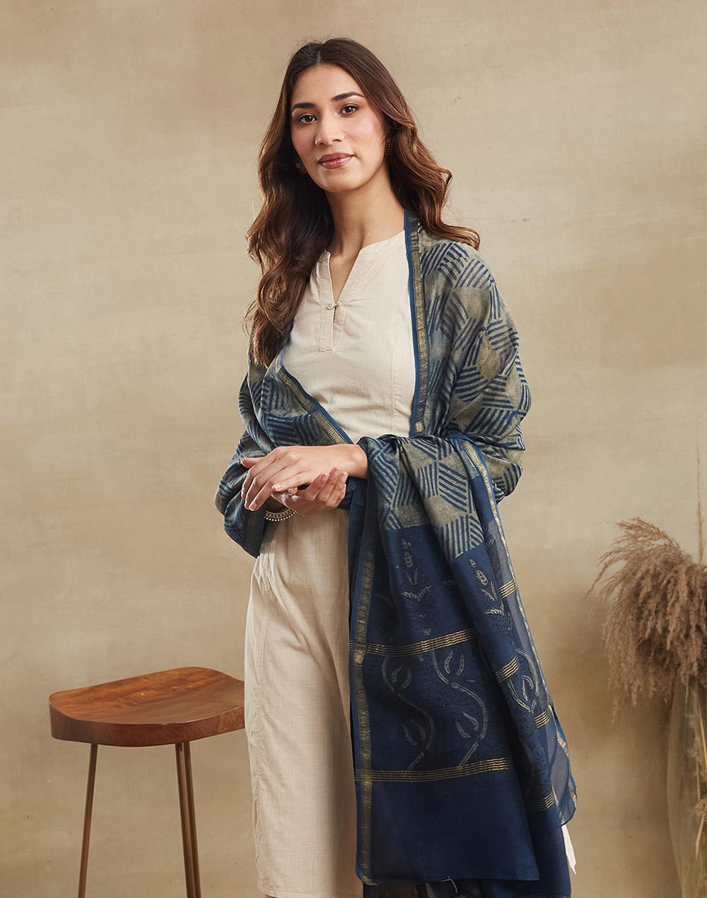 Indigo Cotton Silk Blend Hand Block Printed Dupatta