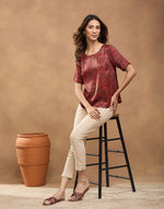 Maroon Viscose Blend Ajrakh Printed Arcadian Top