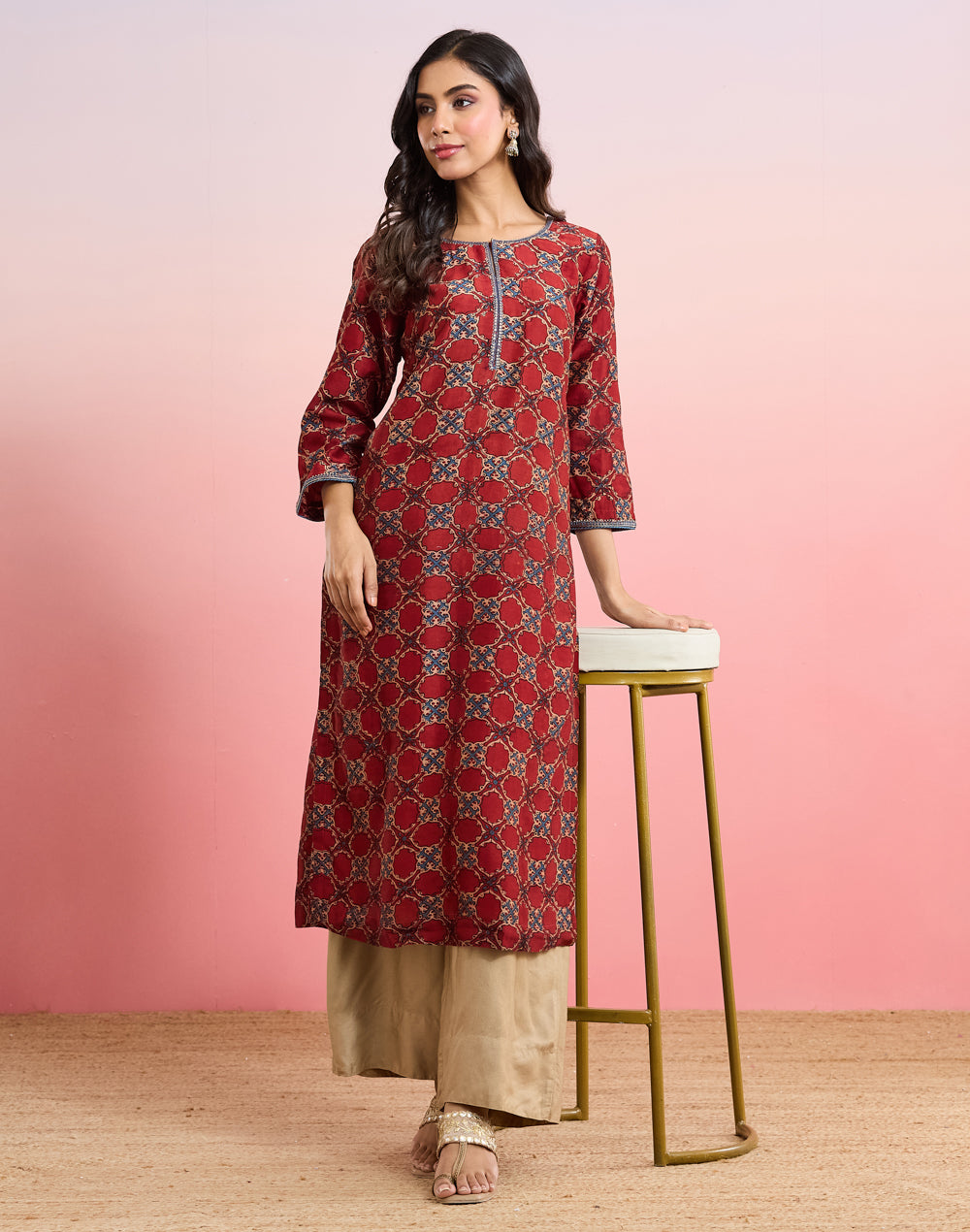 Maroon Cotton Silk Ajrakh Printed Long Kurta