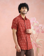 Red Bagru Print Shirt with regular collar and half sleeves