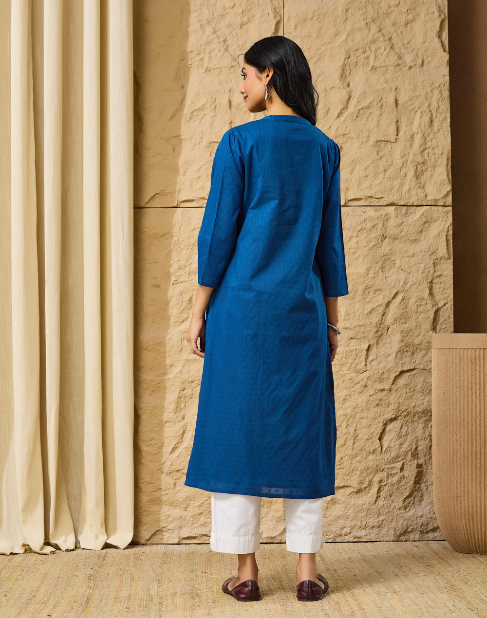 Indigo Cotton Pintuck Slim Fit Long Kurta