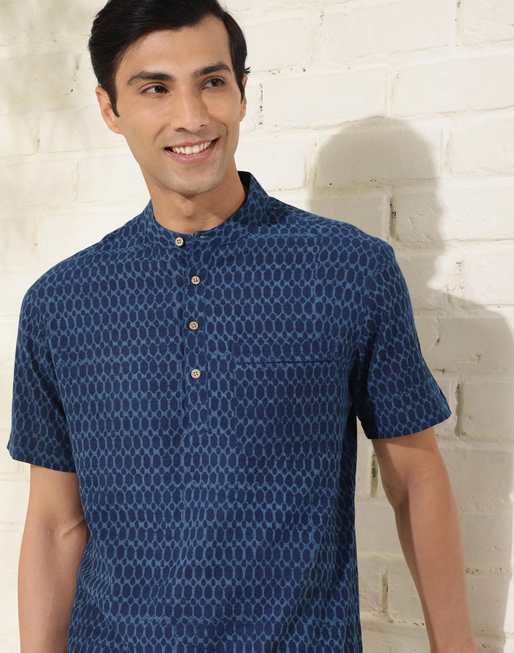 Blue Cotton Dabu Printed Mid Placket Shirt