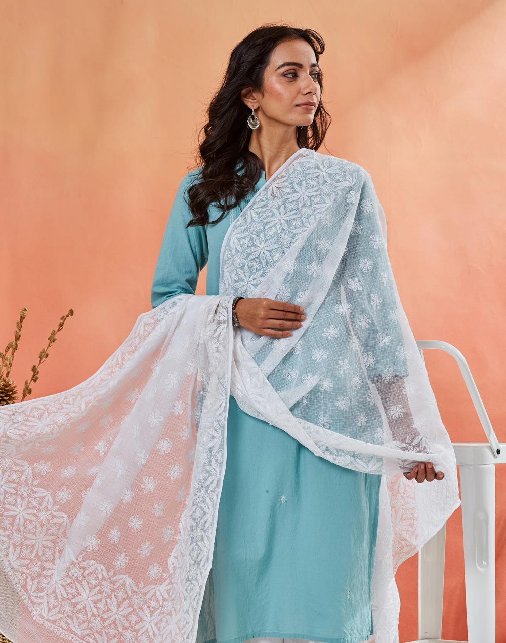 White Cotton Silk Blend Chikankari Dupatta