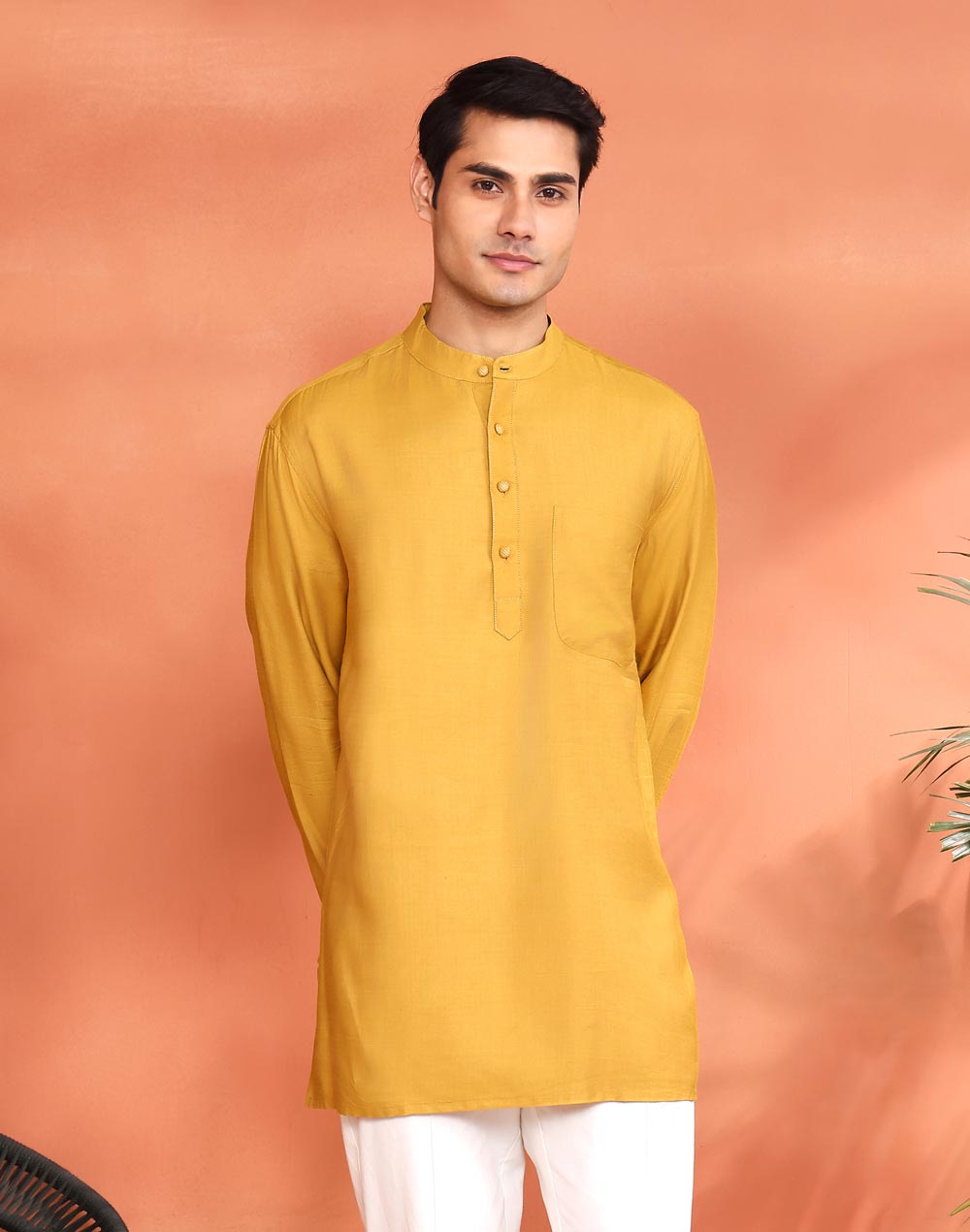 Yellow Viscose Silk Short Kurta