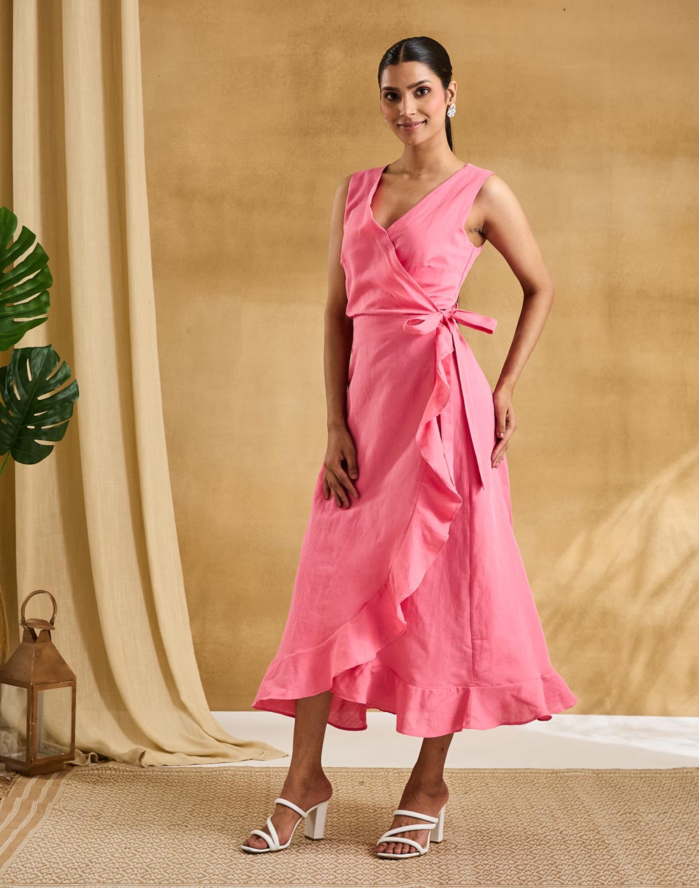 Pink Cotton Linen Tulip Wrap Midi Dress