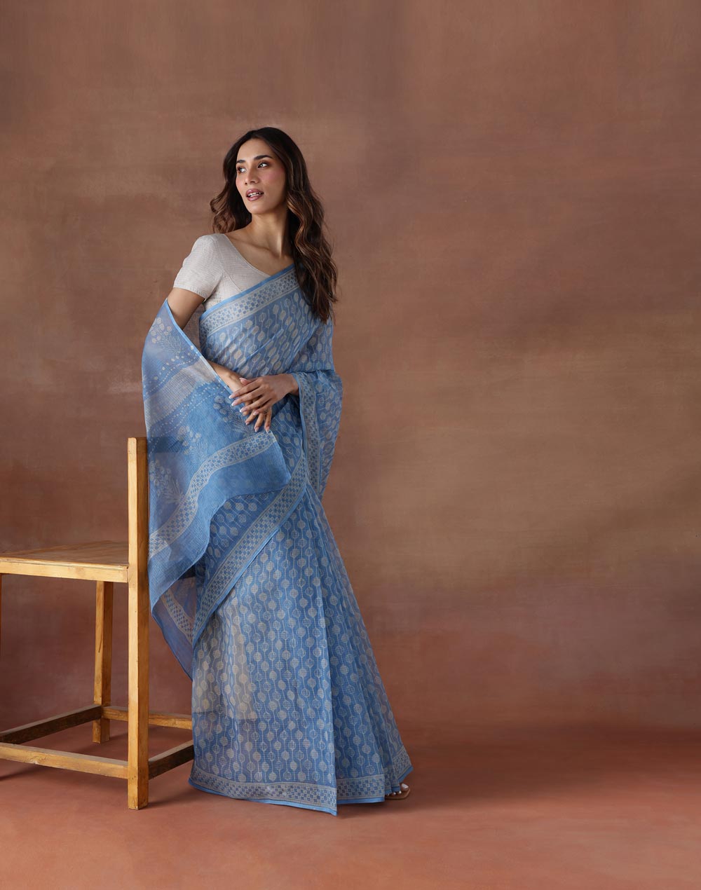 Light Blue Cotton Silk Hand Block Printed Sari