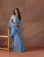 Light Blue Cotton Silk Hand Block Printed Sari