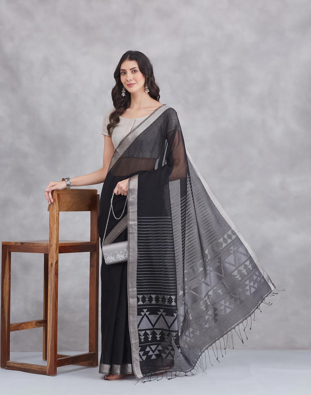 Black Cotton Silk Blend Woven Wonders Jamdani Sari