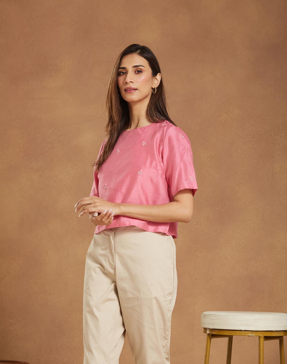 Pink Cotton Silk Embroidered Short Top