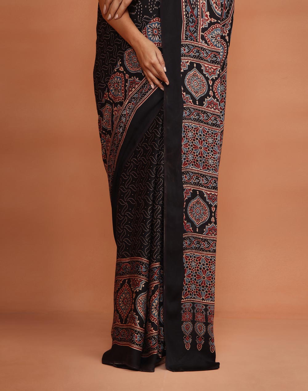 Black Viscose Blend Ajrakh Printed Sari