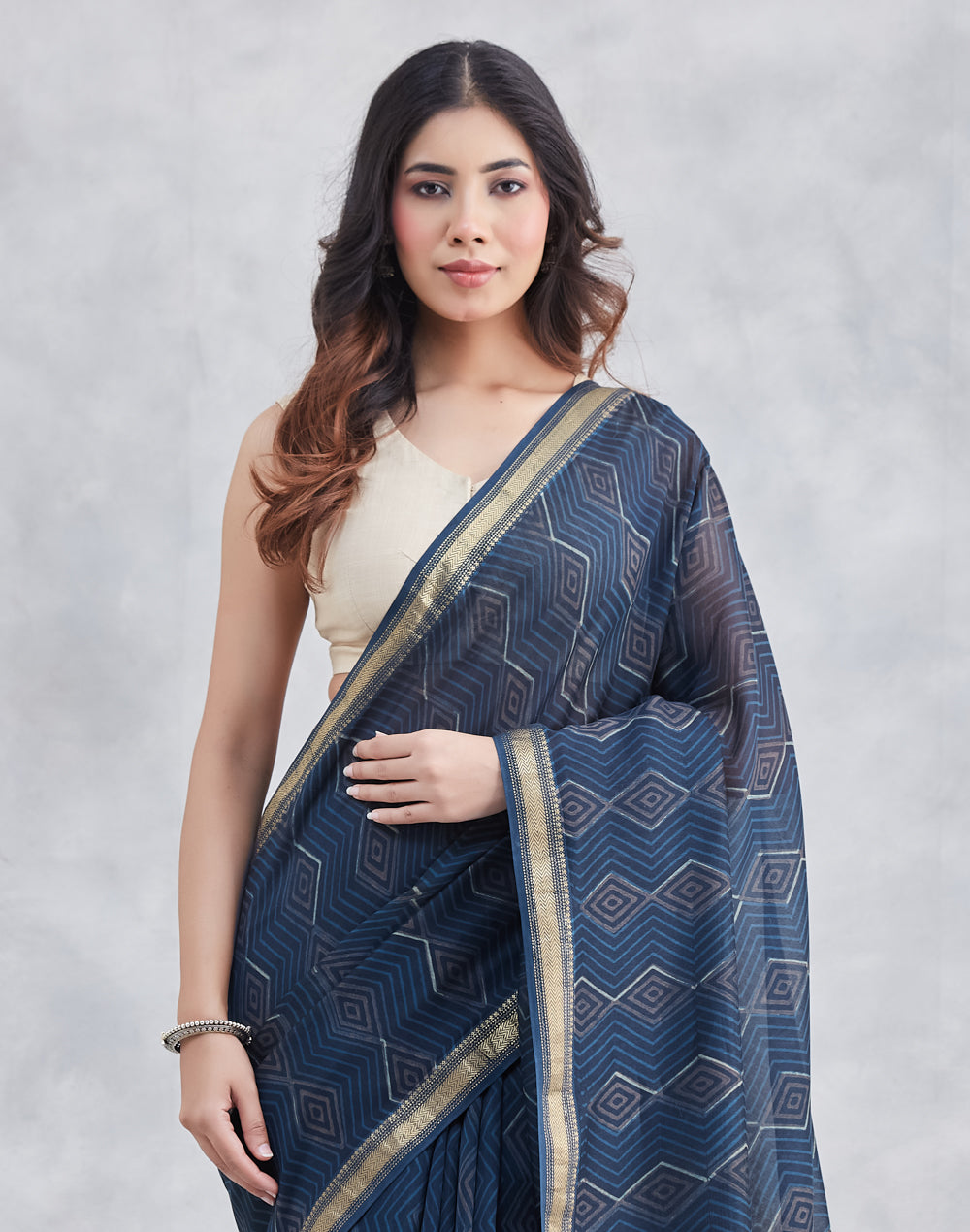 Indigo Cotton Silk Blend Hand Block Printed Sari