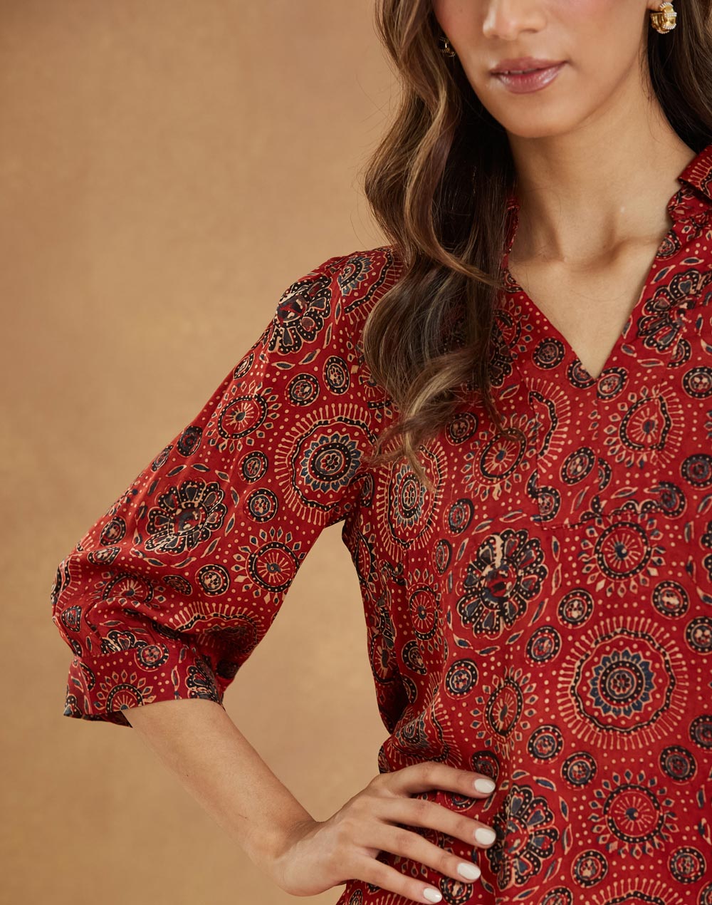 Red Rayon Blend Ajrakh Printed Helen Top