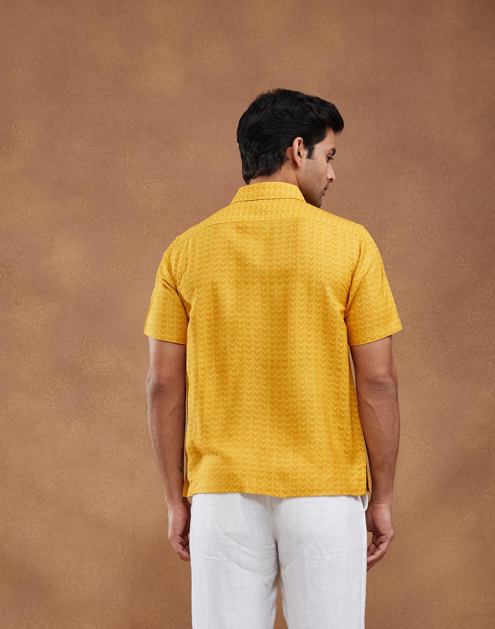 Yellow Viscose Silk Hand Block Printed Bush Shirt