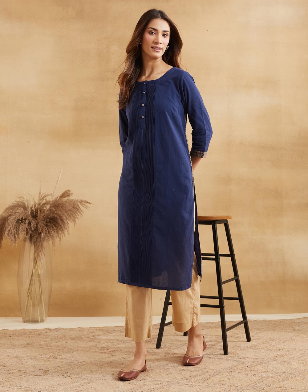 Navy Cotton Woven Long Kurta