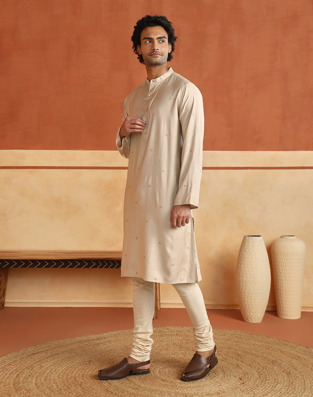 Natural Dobby Long Kurta with Chinese collar and full sleeves