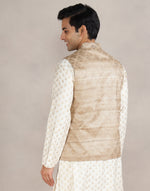 Beige Silk Hand Block Printed Nehru Jacket