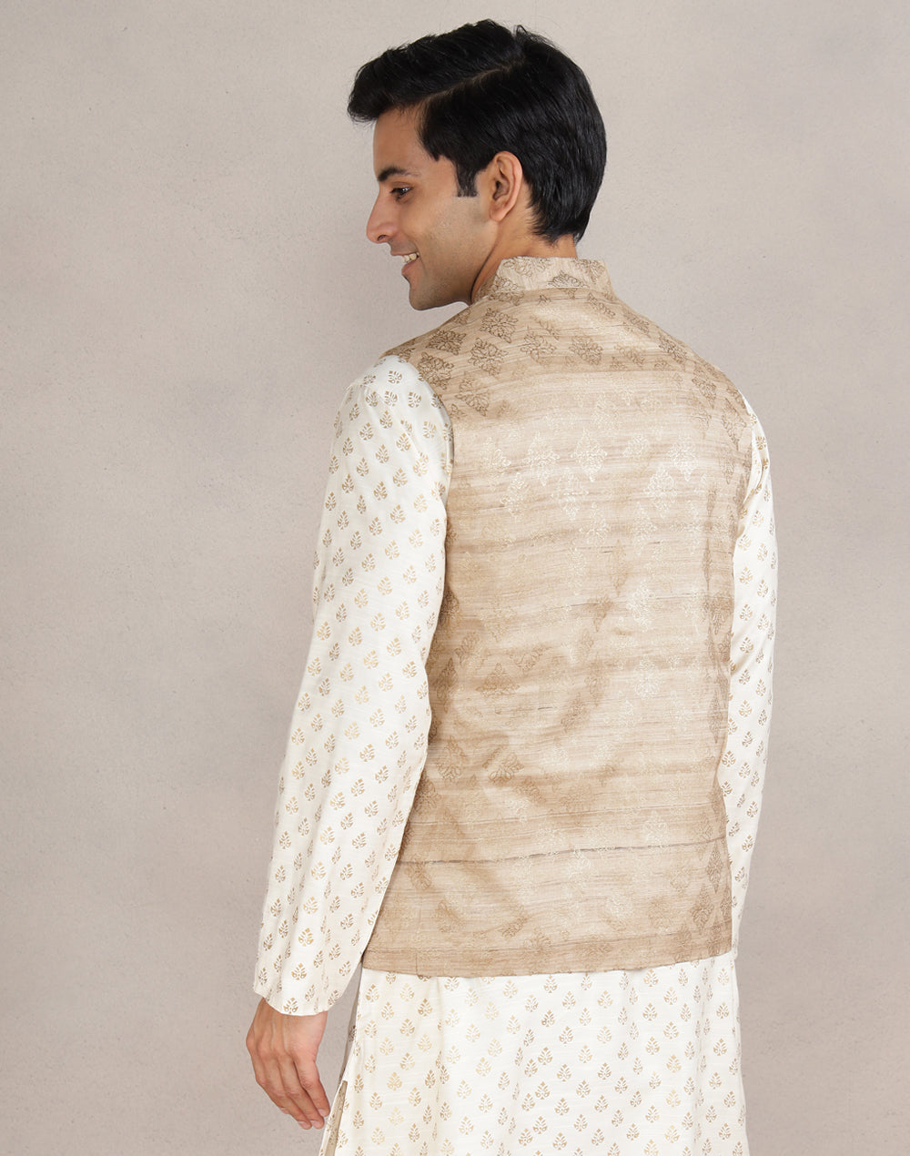Beige Silk Hand Block Printed Nehru Jacket