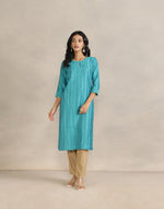 Turquoise Cotton Silk Pintucks Long Kurta