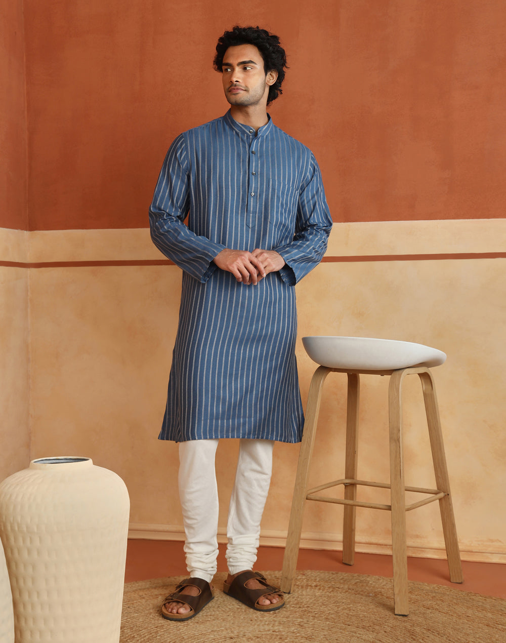 Blue Viscose Blend Dobby Long Kurta