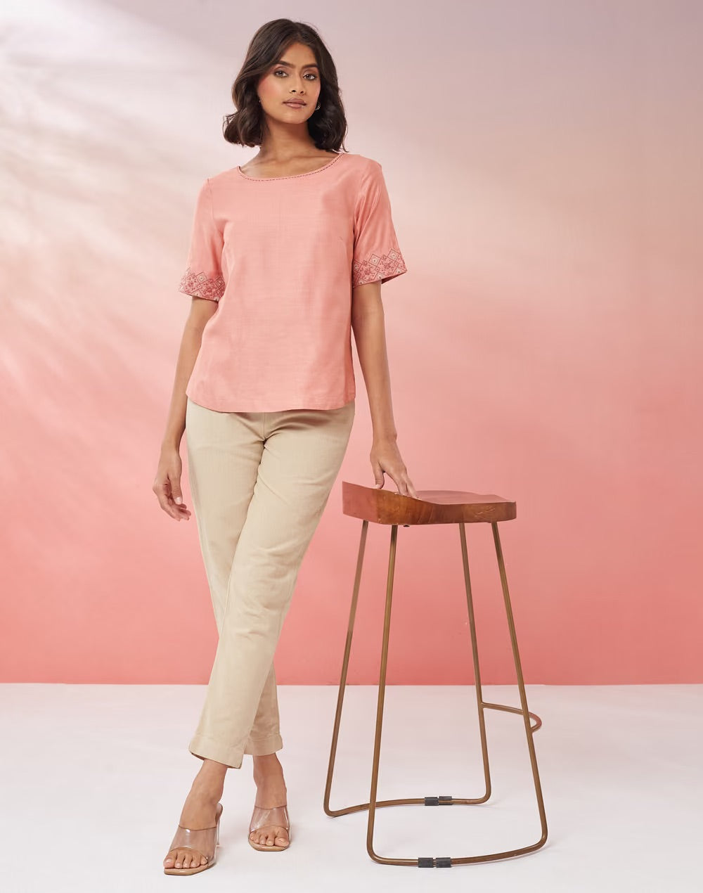 Dusty Pink Hand Embroidered Top styled for festive occasions