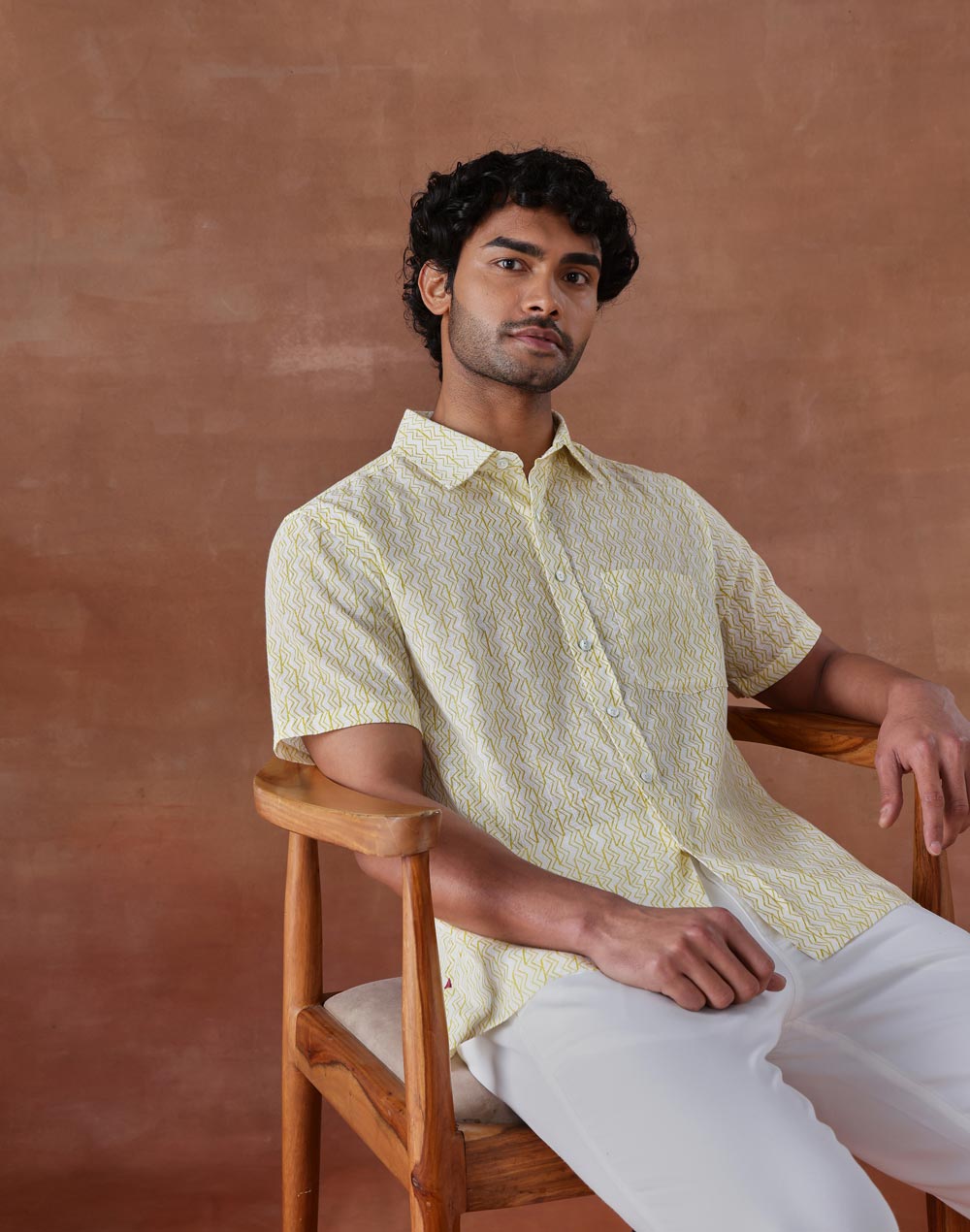 Yellow Cotton Hand Block Printed Bush Shirt