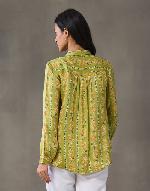 Texture and finish of the Green Block Print Floral Shirt by Fabindia UK