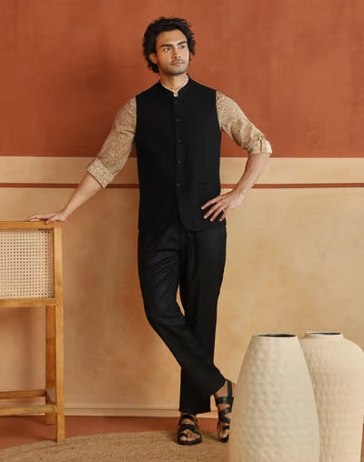 Black Nehru Jacket styled for weddings and festive layering